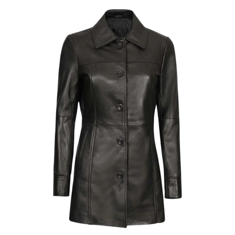 Women's Genuine Lambskin Leather Coat, 3/4 Length | Black