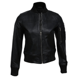 Women's Real Sheep Leather Motorcycle Bomber Jacket | Black