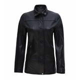 Women's 3/4 Length Button + Zipper Closure Leather Coat | Black