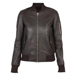 Women's Classy Bomber Biker Leather Jacket, Zip Front, Sleeve Pocket, YKK Zipper | Brown