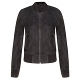 Women's Suede Bomber Leather Jacket, Zip Front, Ribbed Cuffs and Hem | Black