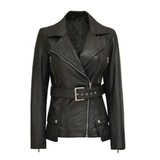 Women's Café Racer Leather Jacket, Belted Waist, Black, Asymmetrical Zip | Black