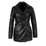 Women's Double-Breasted Leather Trench Coat, Belted Waist | Black