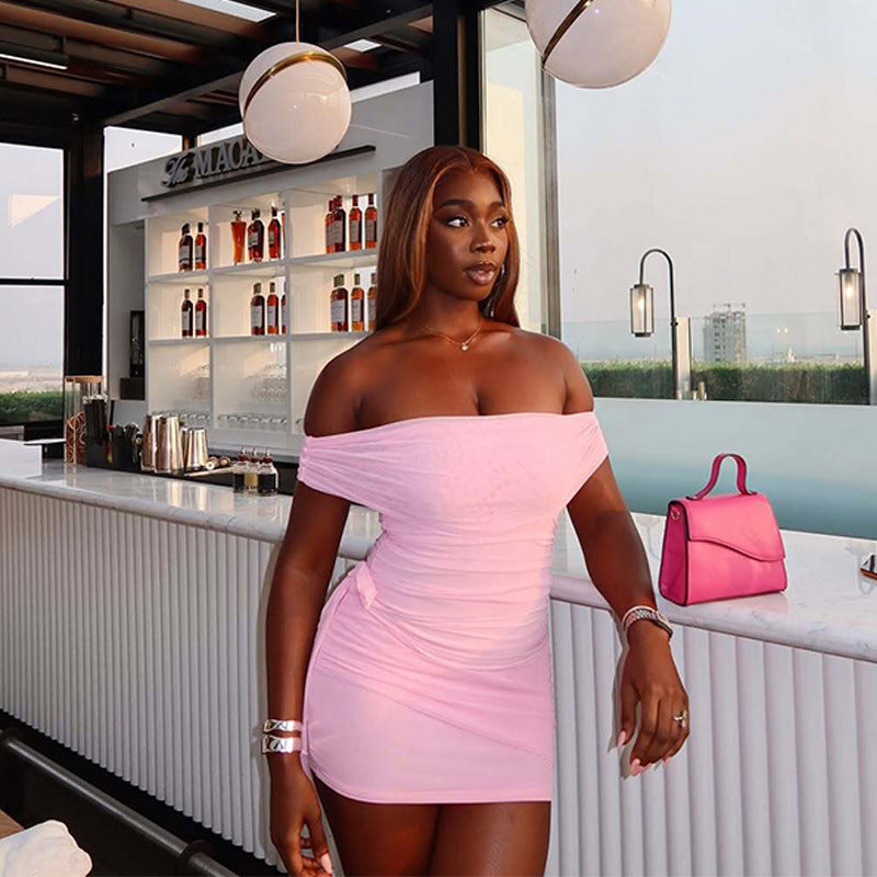 Mesh Patch Collar Solid Color Slim Fit Hip-wrapped Short Ribbon Dress