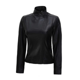 Womens Café Racer High Neck Fitted Leather Jacket | Black
