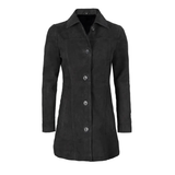 Women's Suede Leather Trench Coat Front Button | Black