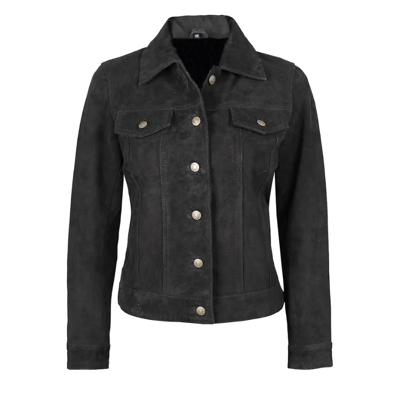 Women's Suede Trucker Leather Jacket | Black