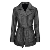 Women's Belted Leather Jacket, Long Sleeve, Zip Front | Black