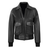 Women's Classic Leather Shirt Collar Bomber Jacket, Zip Front, Ribbed Trim | Black