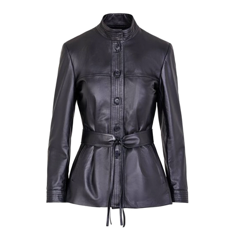 Women's Button Front Leather Jacket with Belt Stand Collar | Black