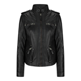 Women's Leather Motorcycle Jacket Multiple Zip Pockets Stand Collar | Black