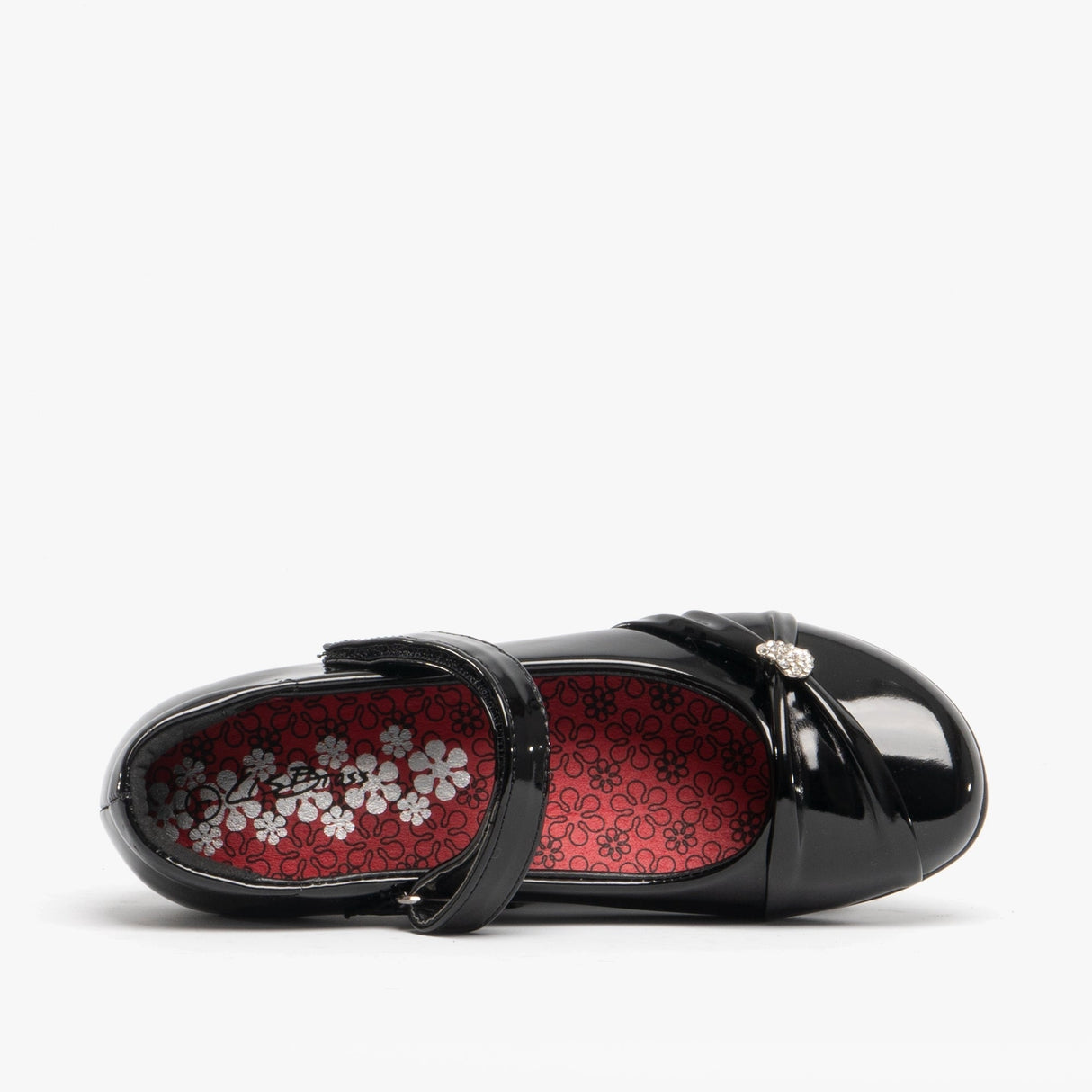 US Brass PAIGE II Girls Touch Fastened Diamante Bar Shoes Patent Black