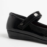 US Brass PAIGE II Girls Touch Fastened Diamante Bar Shoes Patent Black