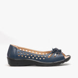 Boulevard DAYNA Womens Faux Leather Flower Peep Toe Flats Navy