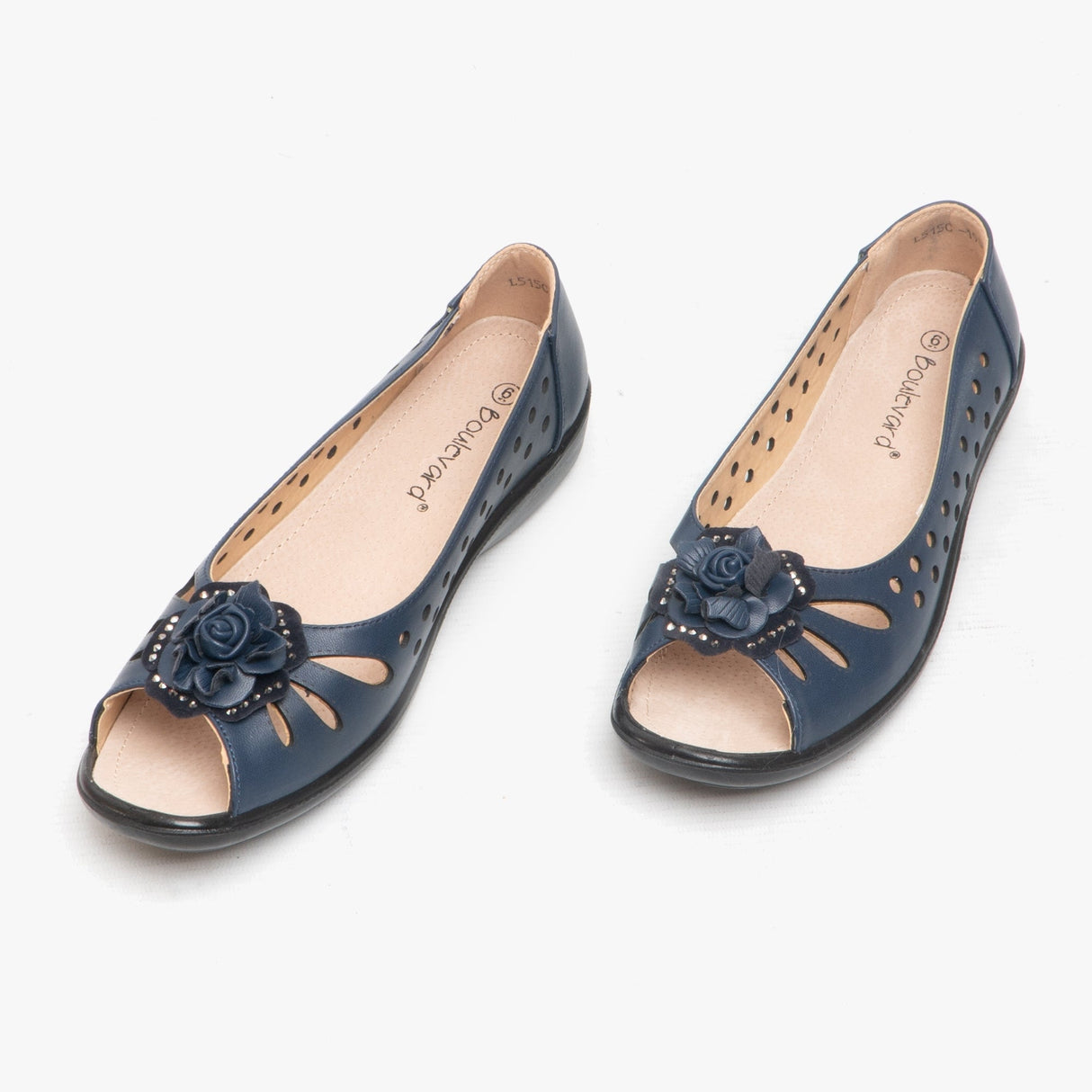 Boulevard DAYNA Womens Faux Leather Flower Peep Toe Flats Navy