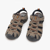 PDQ KEN Mens Nubuck Toggle & Velcro Trail Sandals Dark Taupe/Orange