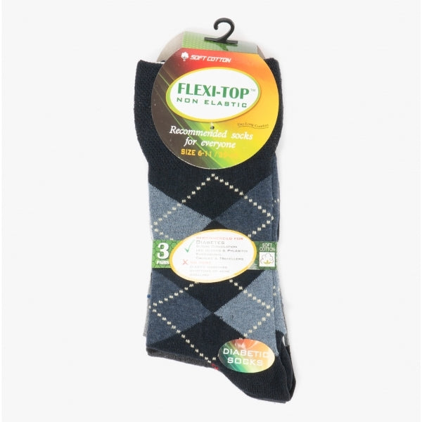 Shuperb ARGYLE 3 Pack Diabetic Mens Socks Navy/Grey: One Size