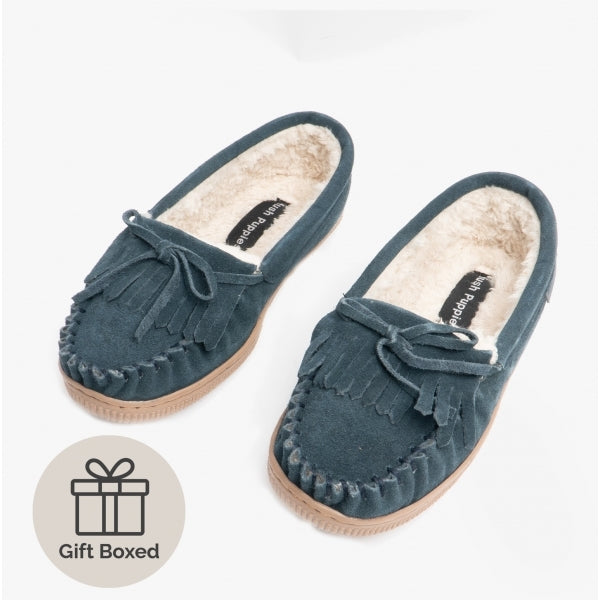 Hush Puppies ADDY Womens Suede Moccasin Slippers Navy