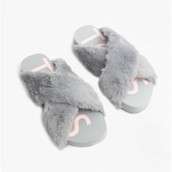 TOMS SUSIE Womens Faux Fur Mule Slippers Grey