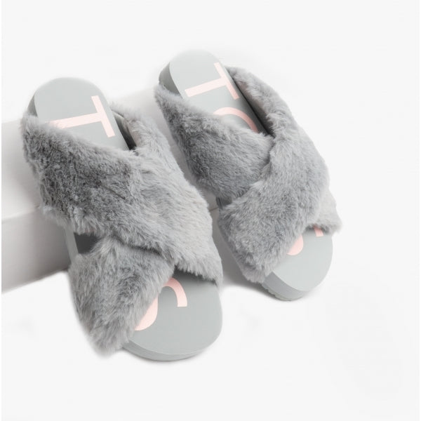 TOMS SUSIE Womens Faux Fur Mule Slippers Grey