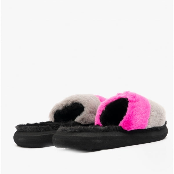 Rocket Dog STRATUS WINETTE Womens Faux Fur Slide Sandals Grey/Pink/Black