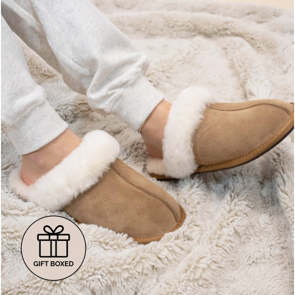 HOS Sheepskin AYLA Womens Real Sheepskin Mule Slippers Chestnut