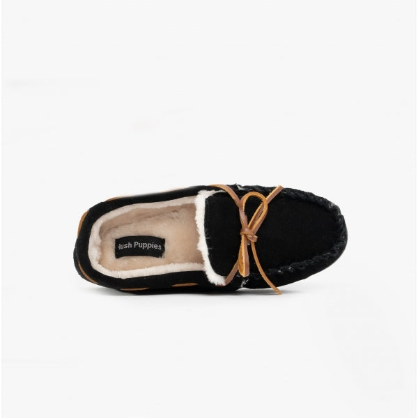 Hush Puppies ADDISON Kids Suede Moccasin Slippers Black