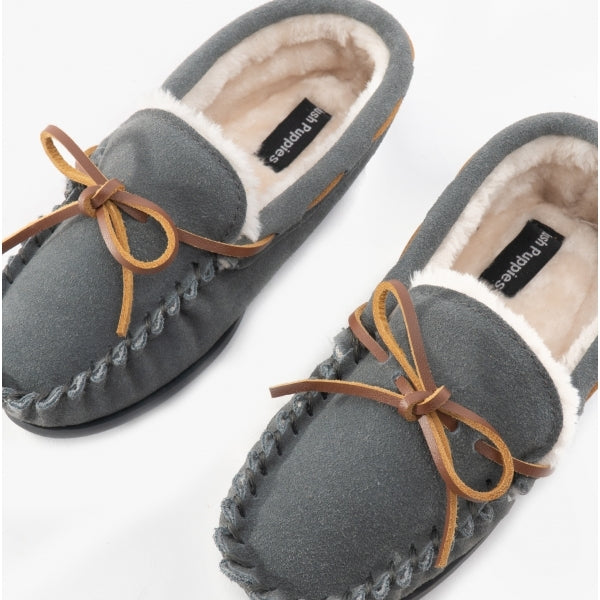 Hush Puppies ADDISON Kids Suede Moccasin Slippers Grey