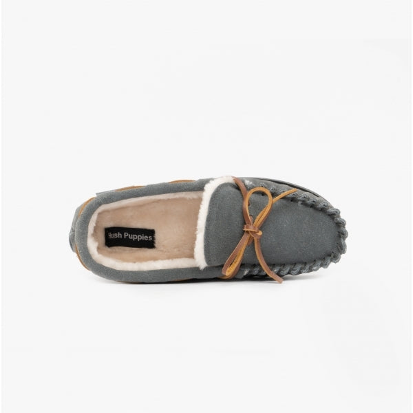 Hush Puppies ADDISON Kids Suede Moccasin Slippers Grey