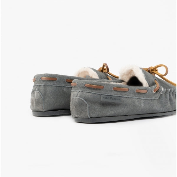 Hush Puppies ADDISON Kids Suede Moccasin Slippers Grey