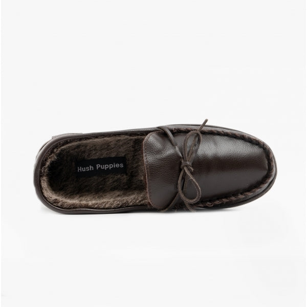 Hush Puppies ACE Mens Leather Mocassin Slippers Brown