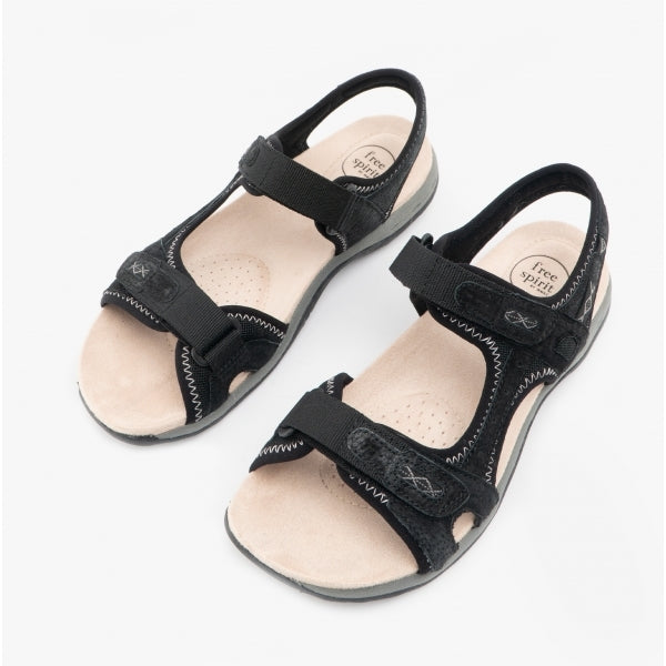 Free Spirit FRISCO Womens Leather Touch Fasten Sandals Black