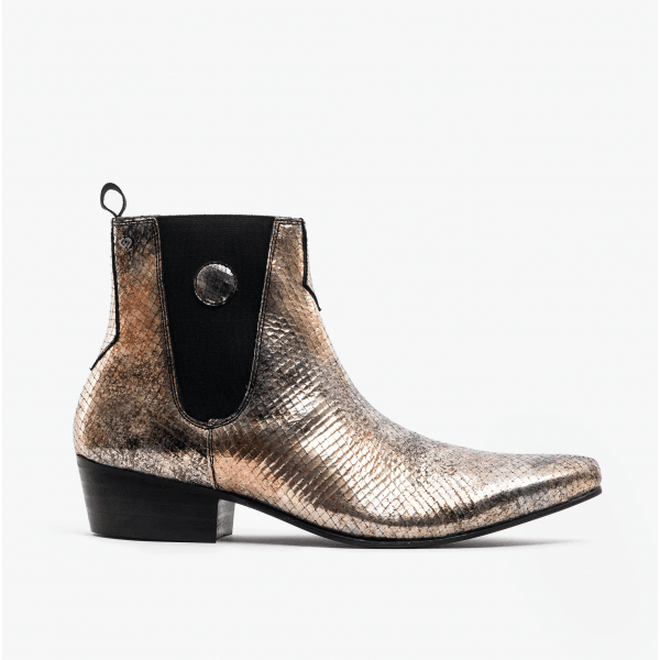 Club Cubano HUGO Mens Leather Cuban Heel Boots Gold Snake