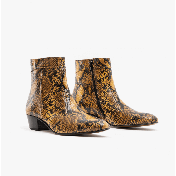 Club Cubano EMMANUEL Mens Snakeprint Leather Cuban Heel Boots Amarillo