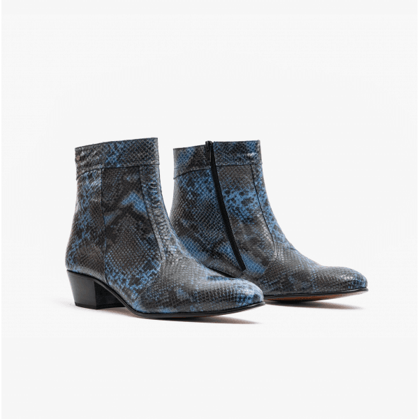 Club Cubano EMMANUEL Mens Snakeprint Leather Cuban Heel Boots Azul
