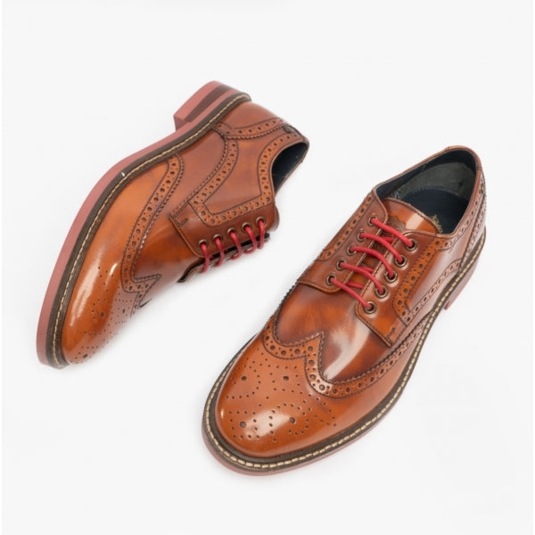 Base London WOBURN Mens Polished Leather Brogue Shoes Tan