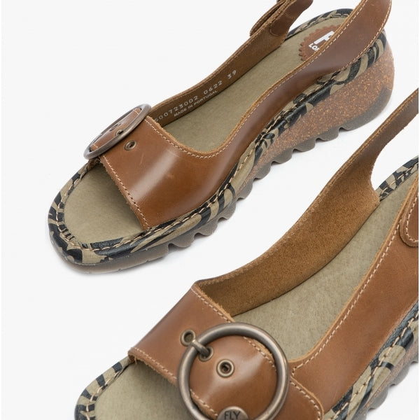 Fly London TRAM Womens Leather Buckle Slingback Wedge Heeled Sandals Camel