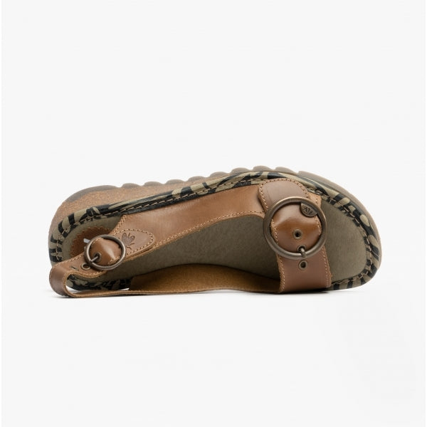 Fly London TRAM Womens Leather Buckle Slingback Wedge Heeled Sandals Camel