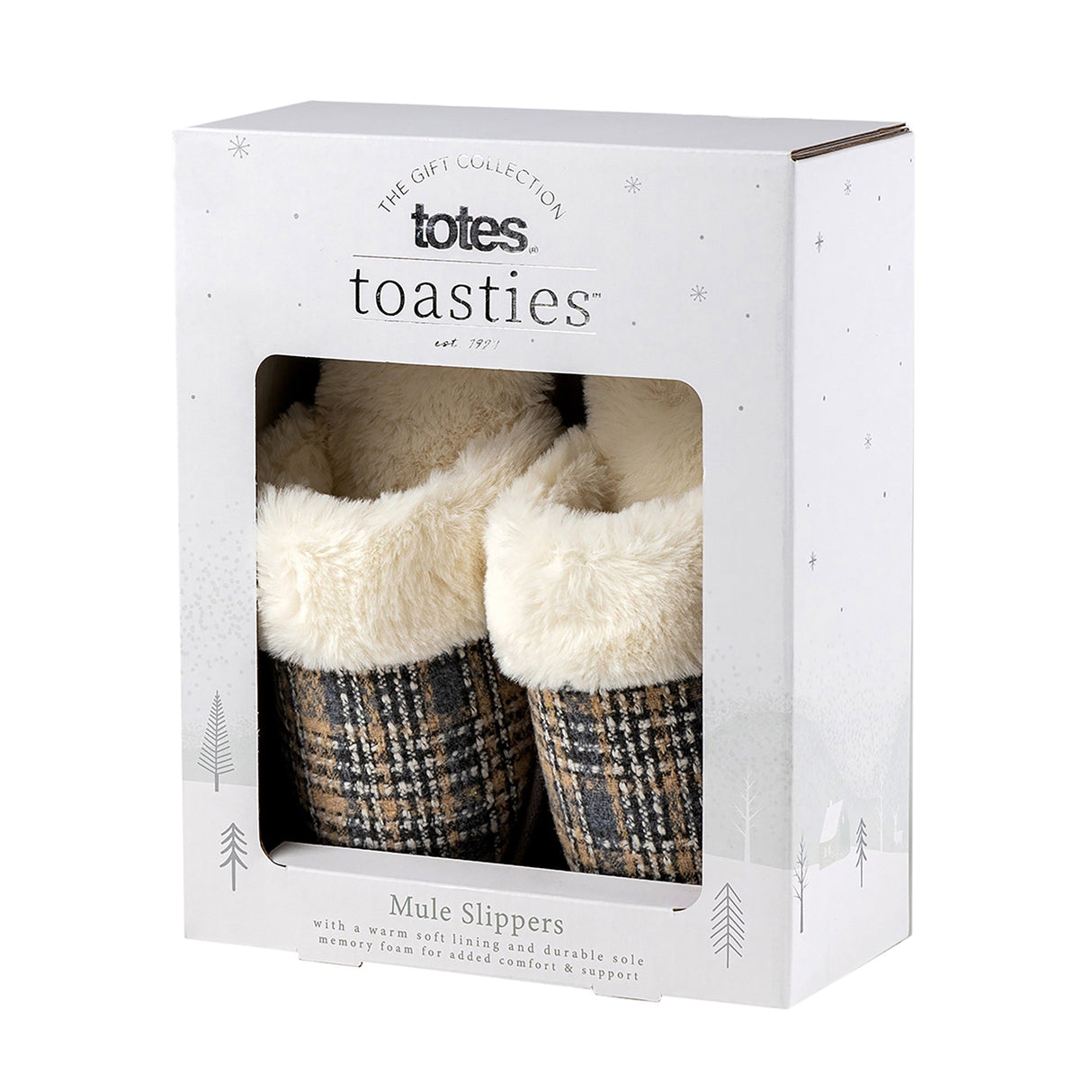 Totes Isotoner BRUSHED CHECK Womens Mule Slippers Grey