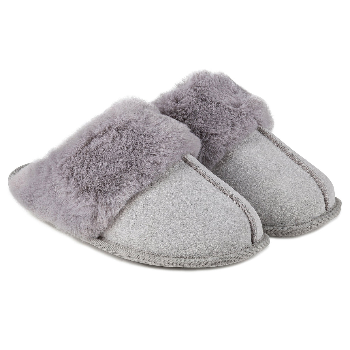 Totes Isotoner REAL SUEDE WITH FUR CUFF Womens Mule Slippers Grey