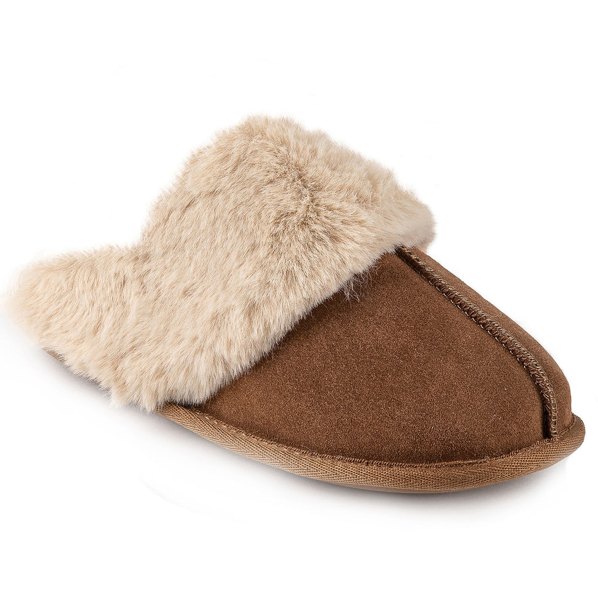 Totes Isotoner REAL SUEDE WITH FUR CUFF Womens Mule Slippers Tan