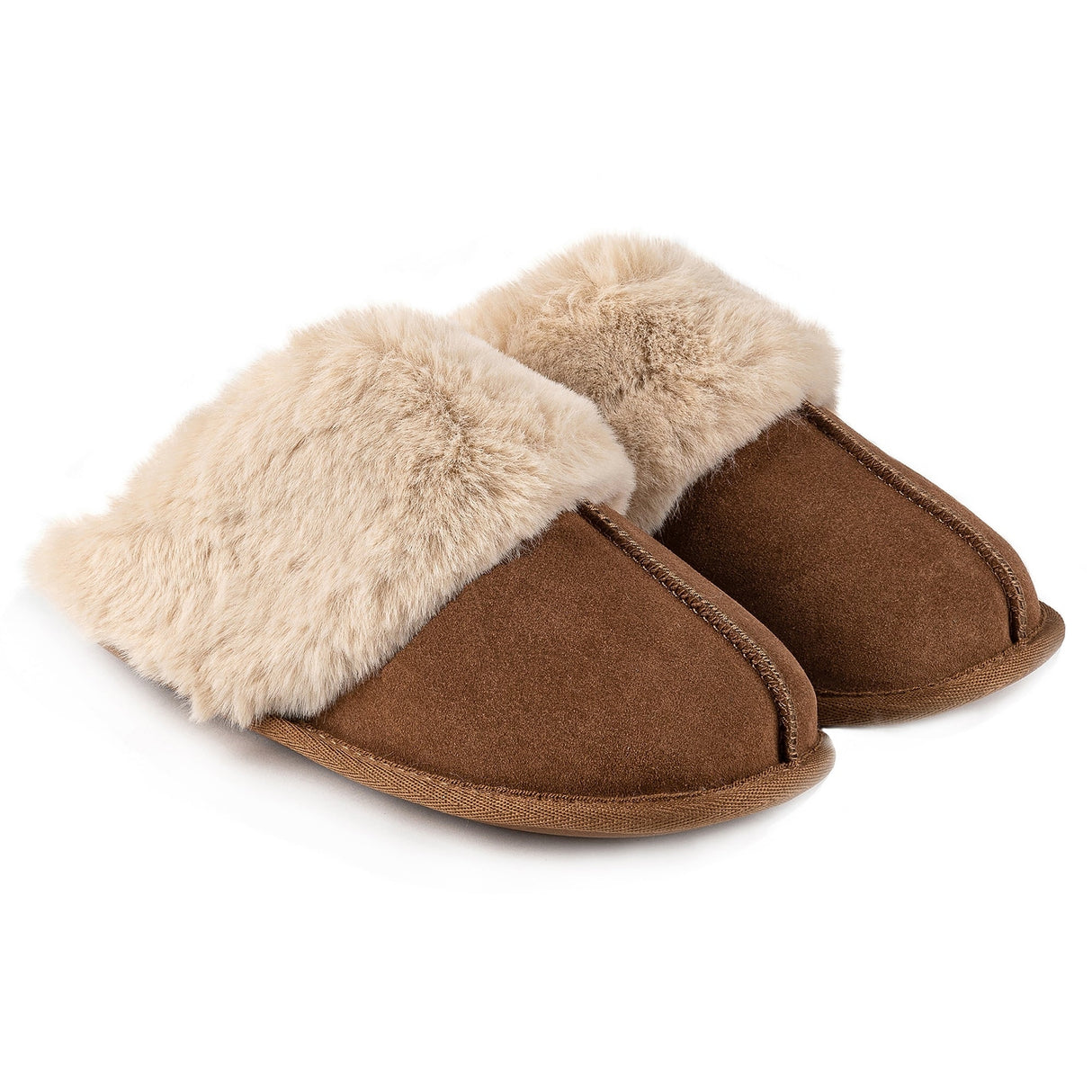 Totes Isotoner REAL SUEDE WITH FUR CUFF Womens Mule Slippers Tan