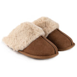 Totes Isotoner REAL SUEDE WITH FUR CUFF Womens Mule Slippers Tan
