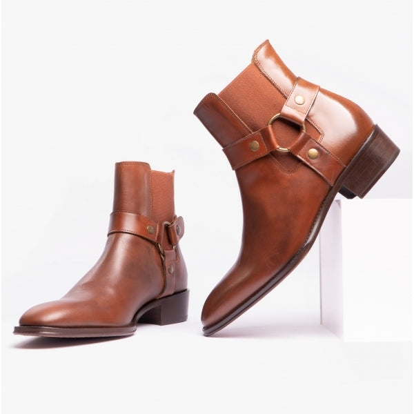 Club Cubano LAMBRO Mens Leather Cuban Heel Boots Cognac