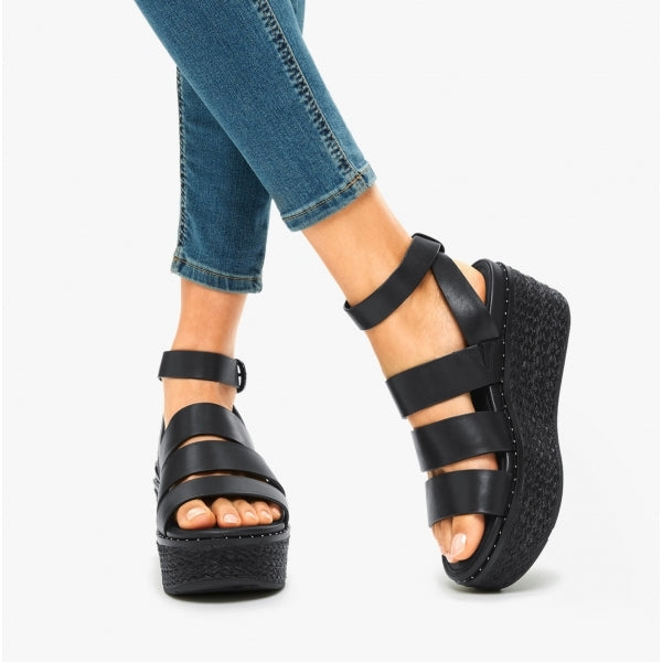 FitFlop ELOISE Womens Espadrille Strappy Wedge Sandals Black