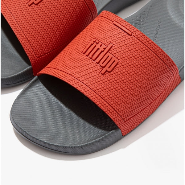 FitFlop iQUSHION Mens Pool Sliders Red Clay/Pewter Grey