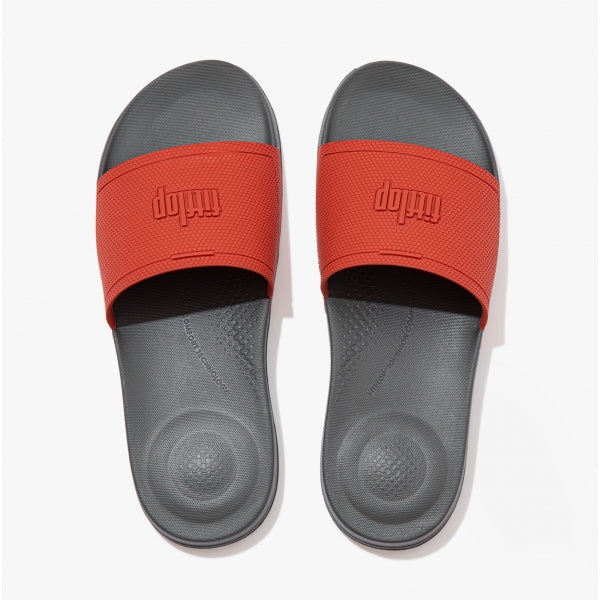 FitFlop iQUSHION Mens Pool Sliders Red Clay/Pewter Grey