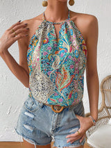 VCAY Paisley Print Keyhole Neckline Halter Blouse