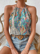 VCAY Paisley Print Keyhole Neckline Halter Blouse