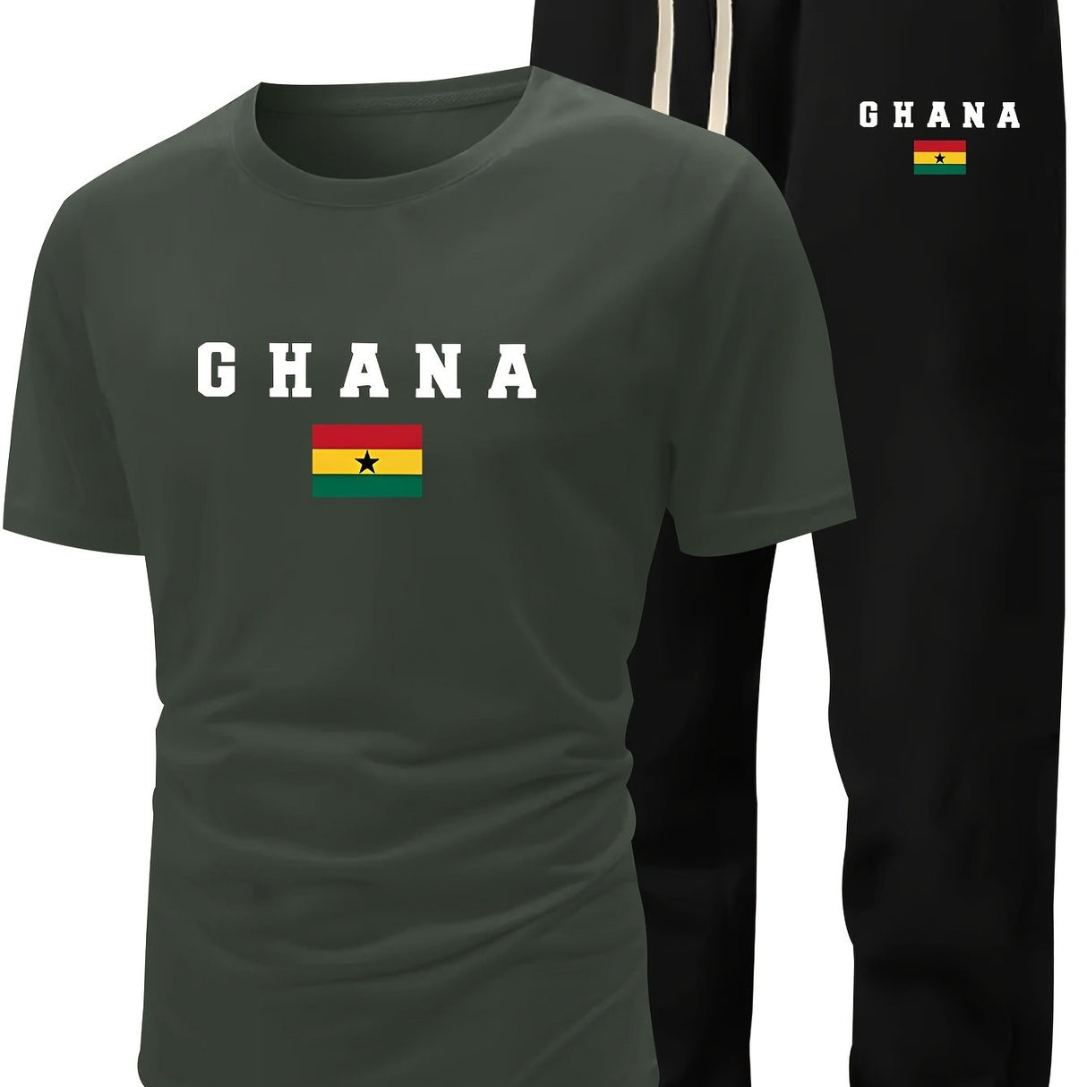 Men's Summer Casual Two-Piece Set, Men's Ghanian Print Short Sleeve T-Shirt with Comfortable Long Pants Fashion Outfit